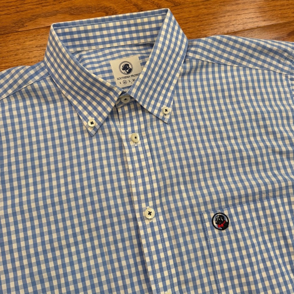 Southern Proper Button-Down Dress Shirt Mens Medium Blue Gingham Check Preppy